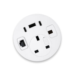 In-Desk Power Modules - Elio 80 Series 2 with 1 power, triple USB, 1 Cat6 UTP data and 1 pull though.